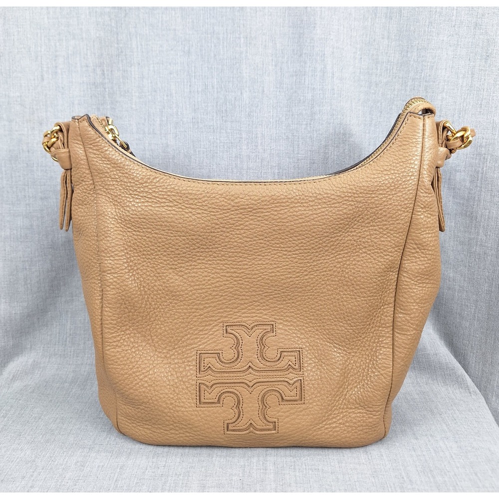 Tory Burch Thea Hobo Bag Tan Pebbled Leather Tassel Shoulder Bag Gold Hardware